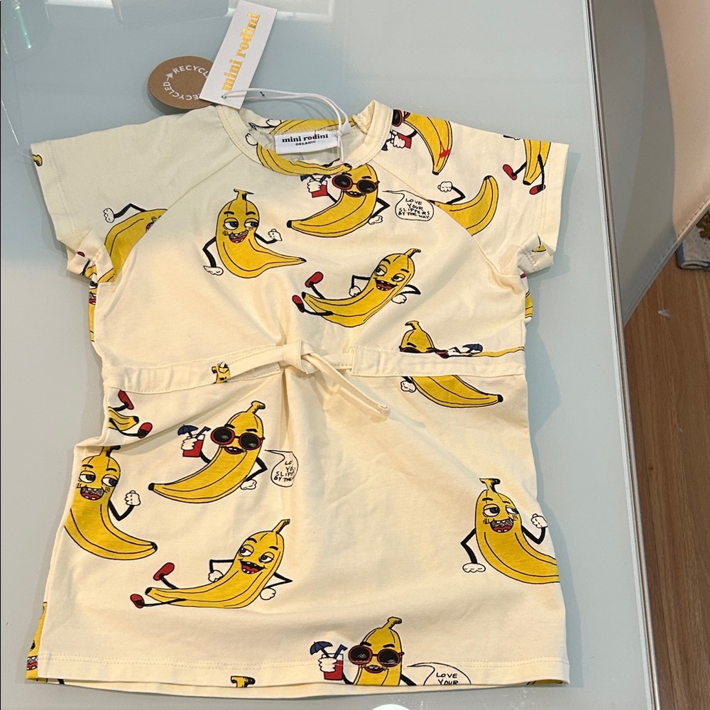 NWT Mini Rodini Cream girls Dress with Yellow Banana Print  organic cotton